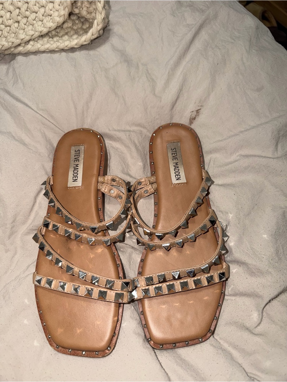 Steve Madden Skyler Tan Studded Strappy Slide Sandals